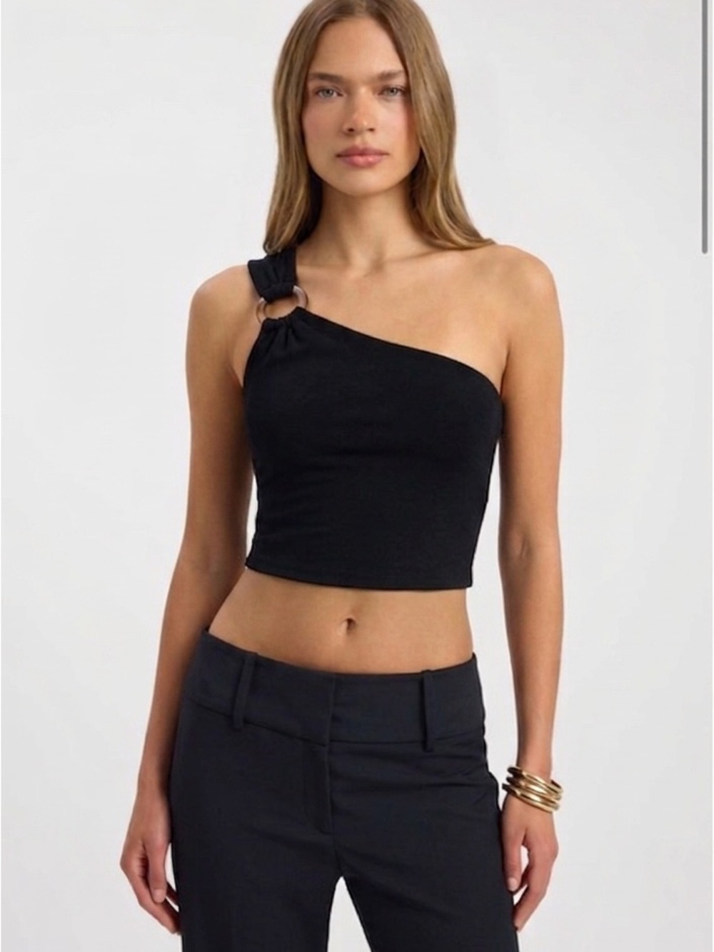 Kookai Black One-Shoulder Crop Top with Ring Detail